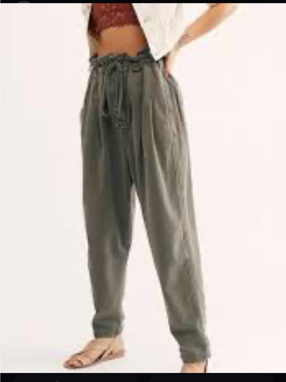 Free People Army Green Margate Pleated Utility Tie Waist Pants Large
